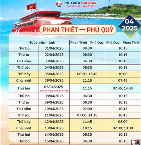 Lịch chạy tàu Phan Thiết - Phú Quý tháng 4/2025