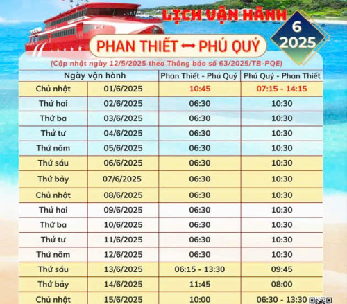 Thông Báo: Lịch Tàu Phan Thiết - Phú Quý (Tàu Trưng Trắc) 06/2025