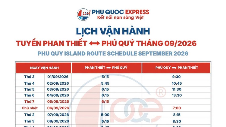 Lịch tàu Phan Thiết - Phú Quý 9/2026: Lịch chạy tàu 2/9 